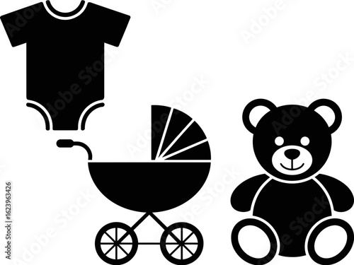 Baby essentials silhouette including onesie stroller and teddy bear isolated on white background