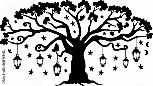 Silhouette of a whimsical tree with hanging lanterns, stars, and moon phases in a black and white design