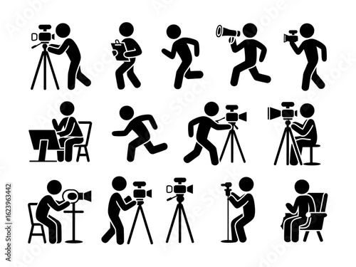 Collection of stick figure silhouettes operating cameras and equipment isolated on white background silhouette