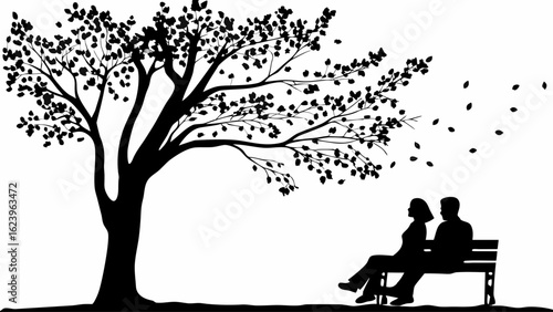 Silhouette of a couple sitting on a bench under a tree with falling leaves in a black and white illustration