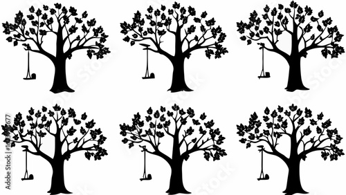 Silhouette trees with swings hanging from their branches in a repeating pattern on a white background
