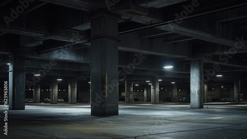 Empty parking garage at night. AI.