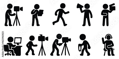 Collection of filmmaking and media production silhouettes isolated on white background