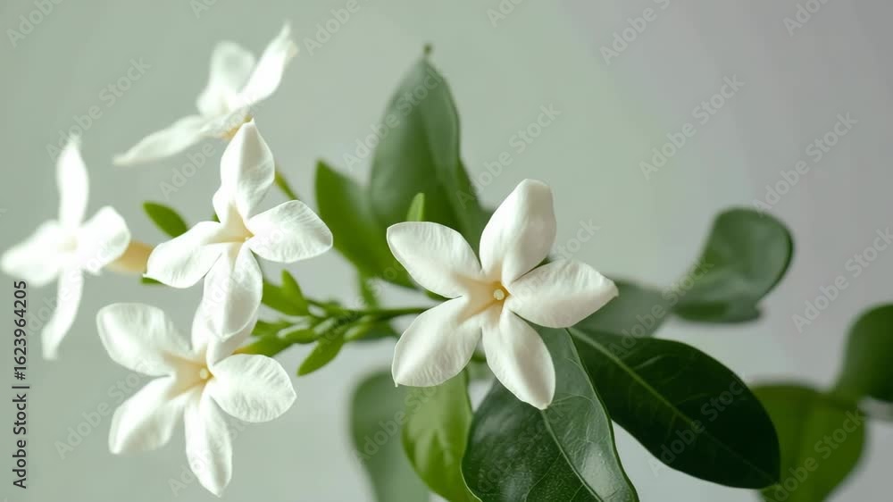 Delicate white jasmine flowers with vibrant green leaves on a soft backdrop Delicate white jasmine flowers with vibrant green leaves on a soft backdrop