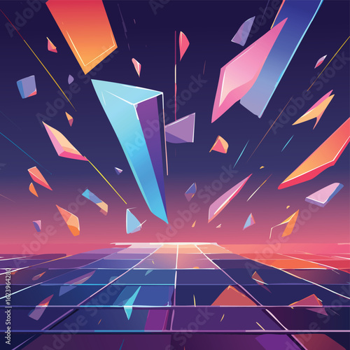 Abstract Broken Glass Shards Floating in Dark Void Reflecting Soft Neon Lights – Modern Digital Aesthetic Background