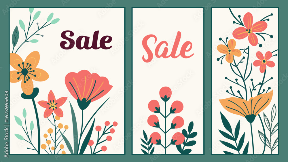 Obraz premium Floral Sale Banner Set, Nature Design, Editable Vector Graphics, Digital Art, Multi-Size Templates