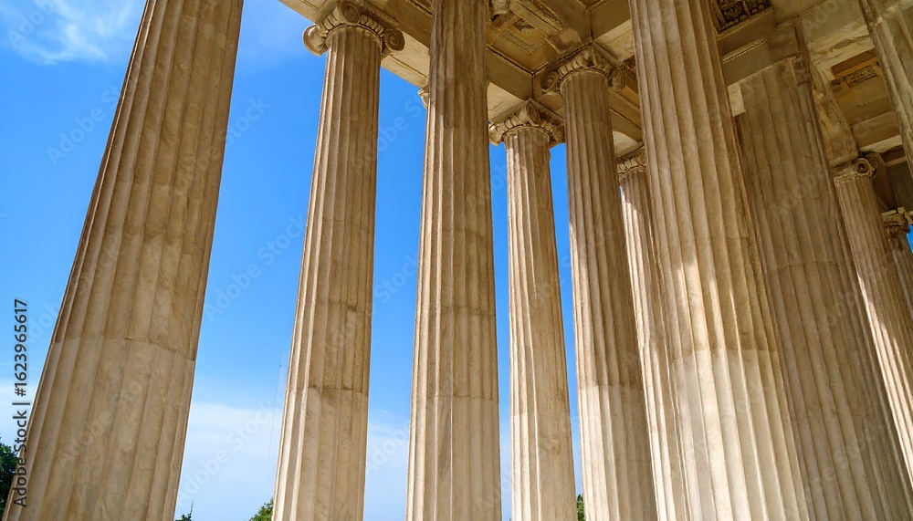 Naklejka premium Classical columns under a vibrant blue sky