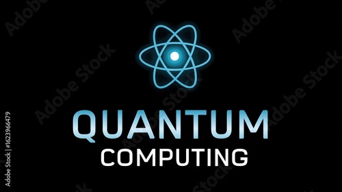 AI Quantum Computing Research and Development concept, Quantum computing logo with an atom symbol on a black background.