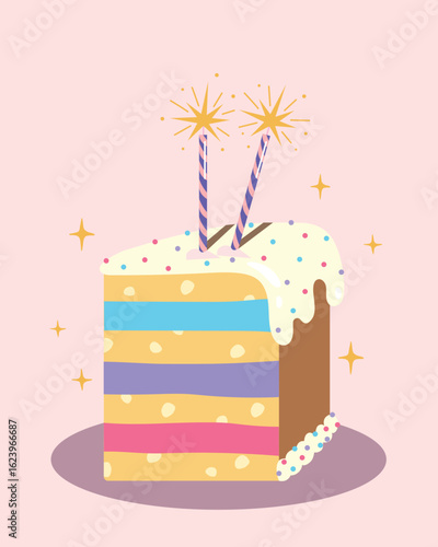 Happy celebrating party with cake concept. Cute cake with candles style.