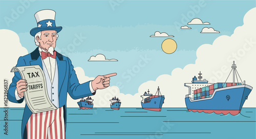 Illustration showing Uncle Sam holding a large tax bill labeled 'Tariffs' while pointing at cargo ships entering US ports