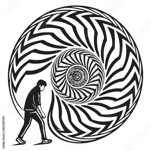 Optical illusion art design with a spiral pattern and a man walking towards it, isolated on white background the image creates a sense of depth and movement, challenging perception