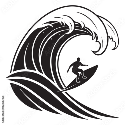 A surfer rides a large wave, showcasing the thrill and skill of surfing, isolated on white background the wave is powerful and dynamic, with the surfer skillfully maneuvering through it