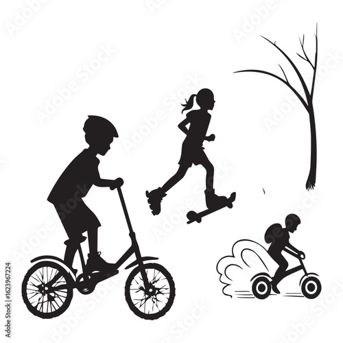 A dynamic illustration of children engaging in various outdoor activities isolated on white background, showcasing the joy and energy of childhood in a playful scene