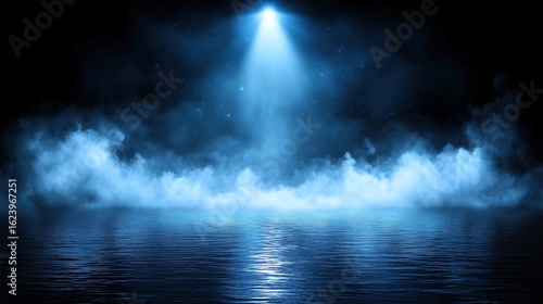 Spotlight Beam Over Misty Water with Starry Night Sky, Dramatic Ambient Background