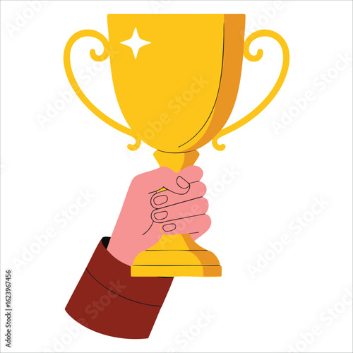 Vector illustration of a hand holding a golden trophy in flat style, symbolizing achievement and success. Isolated on white background for award related projects.