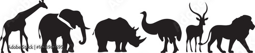 African wildlife silhouettes giraffe elephant rhino ostrich antelope lion rhinoceros
