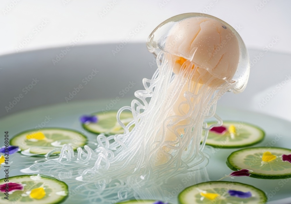 Naklejka premium Edible Jellyfish Art: Translucent Noodles & Cucumber Garnish in a Minimalist Aquatic Setting