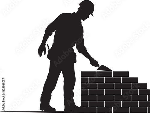 Bricklayer building wall with trowel construction bricks