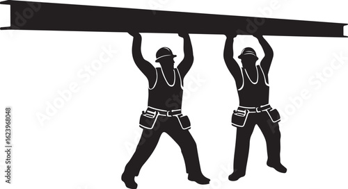 Builders carrying heavy steel beam construction workers heavy load