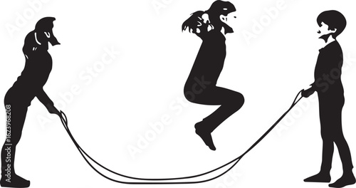 Children jumping rope black silhouettes skipping playing