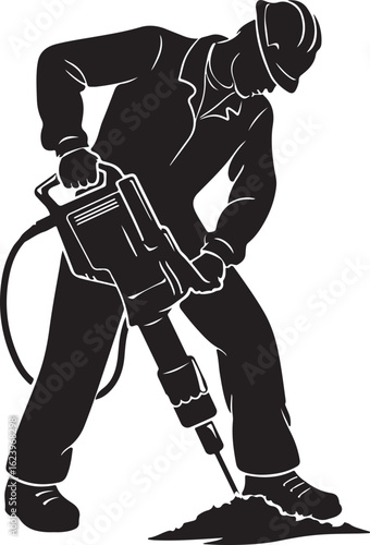 Construction worker operating jackhammer breaking ground demolition heavy equipment