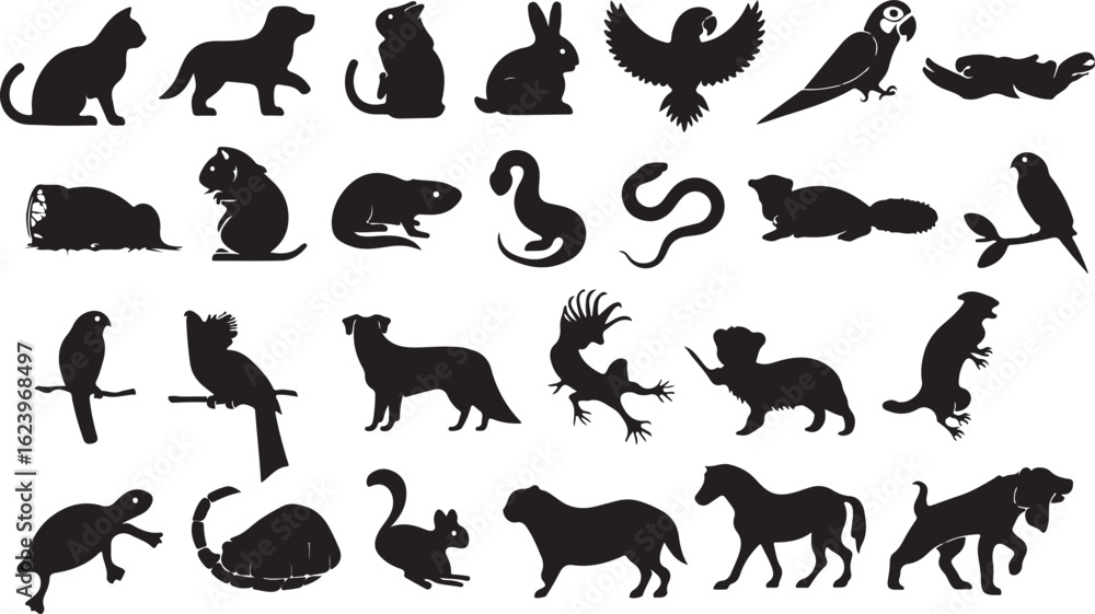 Fototapeta premium Diverse animal silhouettes collection rabbit parrot