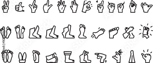 Diverse hand and foot gestures peace sign thumbs up