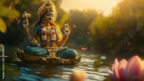 A peaceful scene of Goddess Saraswati depicted in a meditative pose in a cozy setting