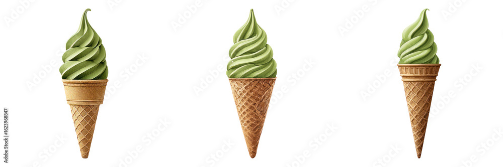 Green tea soft serve ice cream in three different waffle cones with creamy texture and swirled top Green tea soft serve ice cream in three different waffle cones with creamy texture and swirled top