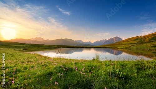 a scenic landscape features a lake surrounded by grassy fields and distant mountains capturing the serene beauty and tranquility of nature at sunrise