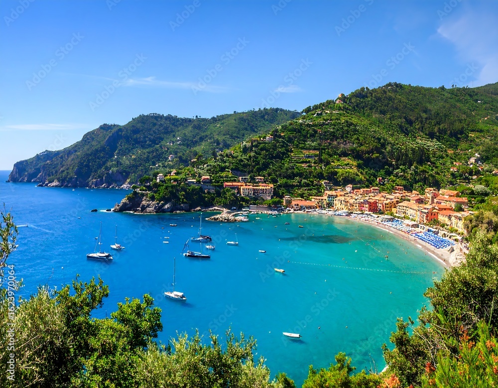 Fototapeta premium Coastal town nestled in a vibrant bay