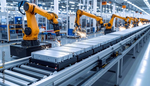 An efficient modern factory displays automated robotic arms assembling or welding battery components on a conveyor line.,industrial machine in a factory