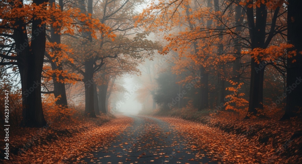 Obraz premium A winding road disappears into a misty autumn forest, with trees displaying vibrant orange and brown foliage, and fallen leaves covering the path.