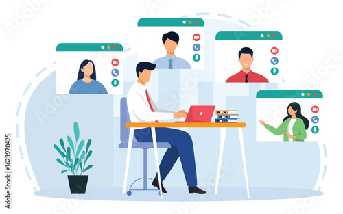 Video conferencing at home. Seminar, online meeting, work from home.  Virtual work meeting. Software for online communication. Vector illustration. 