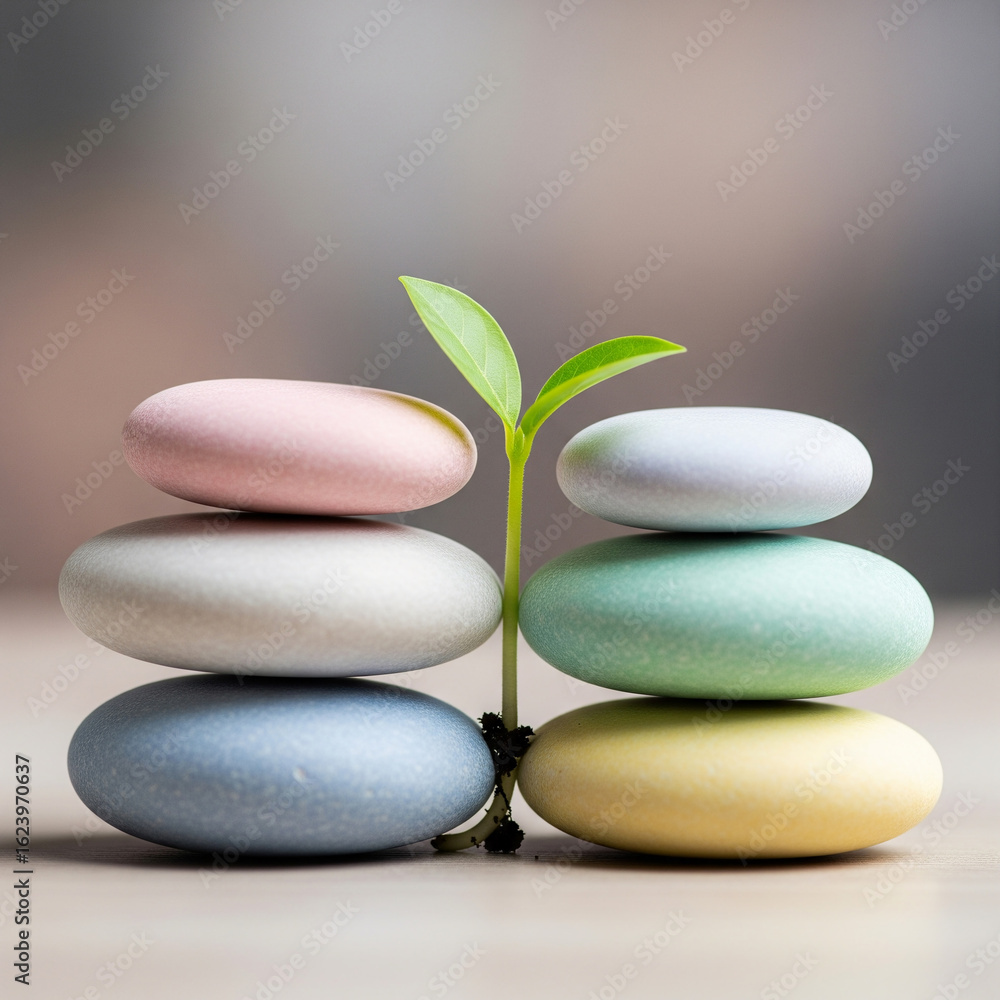 Fototapeta premium A young green sprout symbolizing new life and growth emerges between two balanced stacks of pastel-colored zen stones, representing harmony.