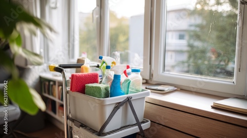 A professional cleaning cart in a renovated home, representing cleanliness and modern living.
