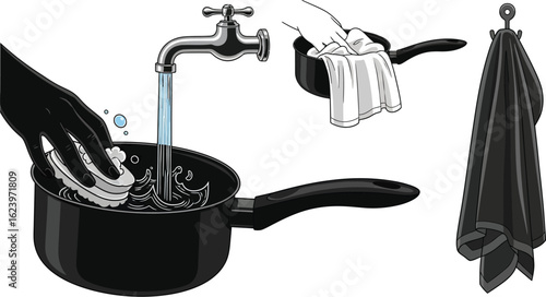 Vector art of a pot being cleaned and dried with a towel, isolated on white background