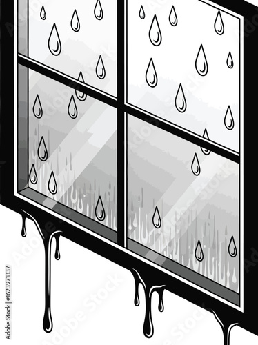 Vector art of a window with raindrops trickling down the glass pane, creating a moody and atmospheric scene, isolated on white background