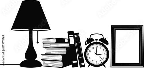 Vector art of a still life featuring a lamp, books, clock, and picture frame, all in silhouette against a white background, isolated on white background