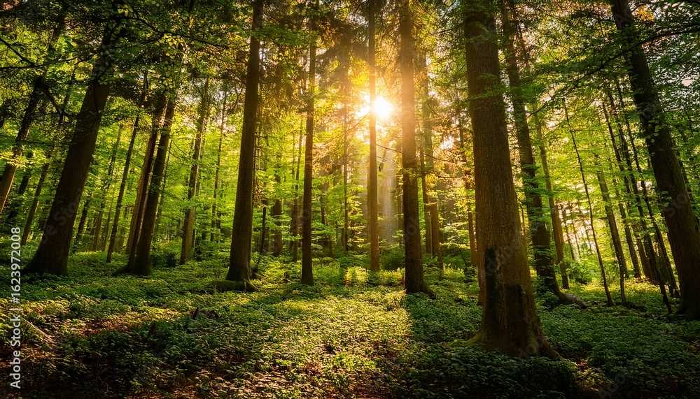 Fototapeta premium serene summer canopy a verdant forest bathed in golden light