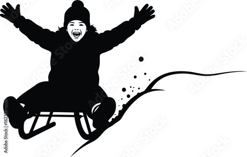 Vector art of a child joyfully sledding down a snowy hill in winter, capturing the fun and excitement of outdoor recreation, isolated on white background