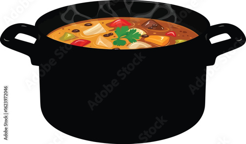Vector art of a pot of hot and steamy soup with vegetables and herbs, perfect for a comforting and nutritious meal