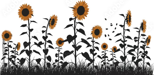 Vector art of a field of sunflowers in silhouette against a white background, isolated on white background