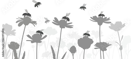 Vector art of bees pollinating flowers in a field, depicted in silhouette against a white background, isolated on white background