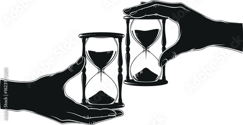 Vector art of two hands are holding hourglasses, symbolizing the passage of time, isolated on white background