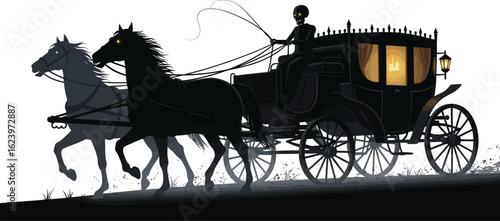 Vector art of a horsedrawn carriage with a driver is silhouetted against a white background, evoking a sense of vintage transportation