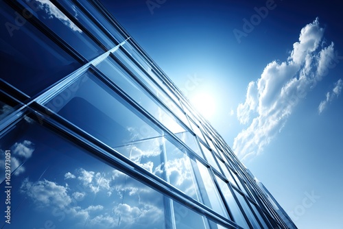 Wallpaper Mural Reflective Skyscraper Glass Facade Mirroring Blue Sky and Clouds, Symbolizing Business and Negotiation Concepts Torontodigital.ca