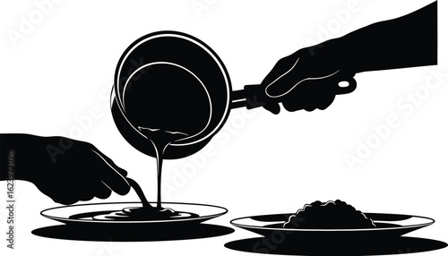 Vector art of silhouette illustration of a hand pouring sauce from a pot onto a plate, showcasing the cooking process, isolated on white background