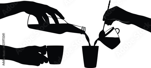 Vector art of silhouette of hands pouring drinks into cups isolated on white background