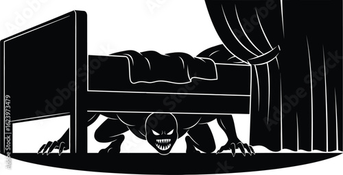 Vector art of a menacing monster lurks under a bed, embodying childhood fears and nightmares, creating a spooky and unsettling atmosphere